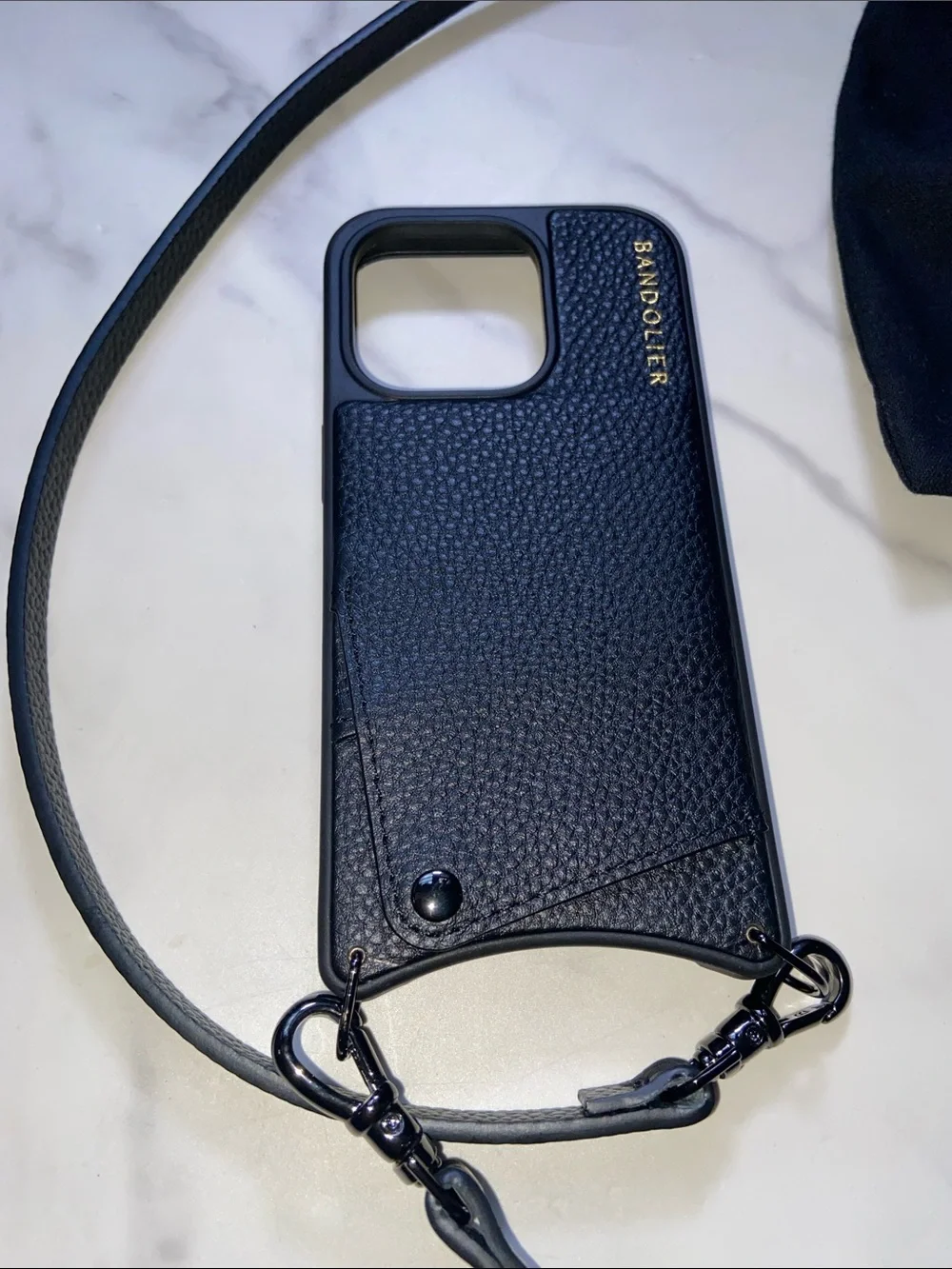 Bandolier Black Leather Crossbody Phone 14 Pro Case with Adjustable Strap